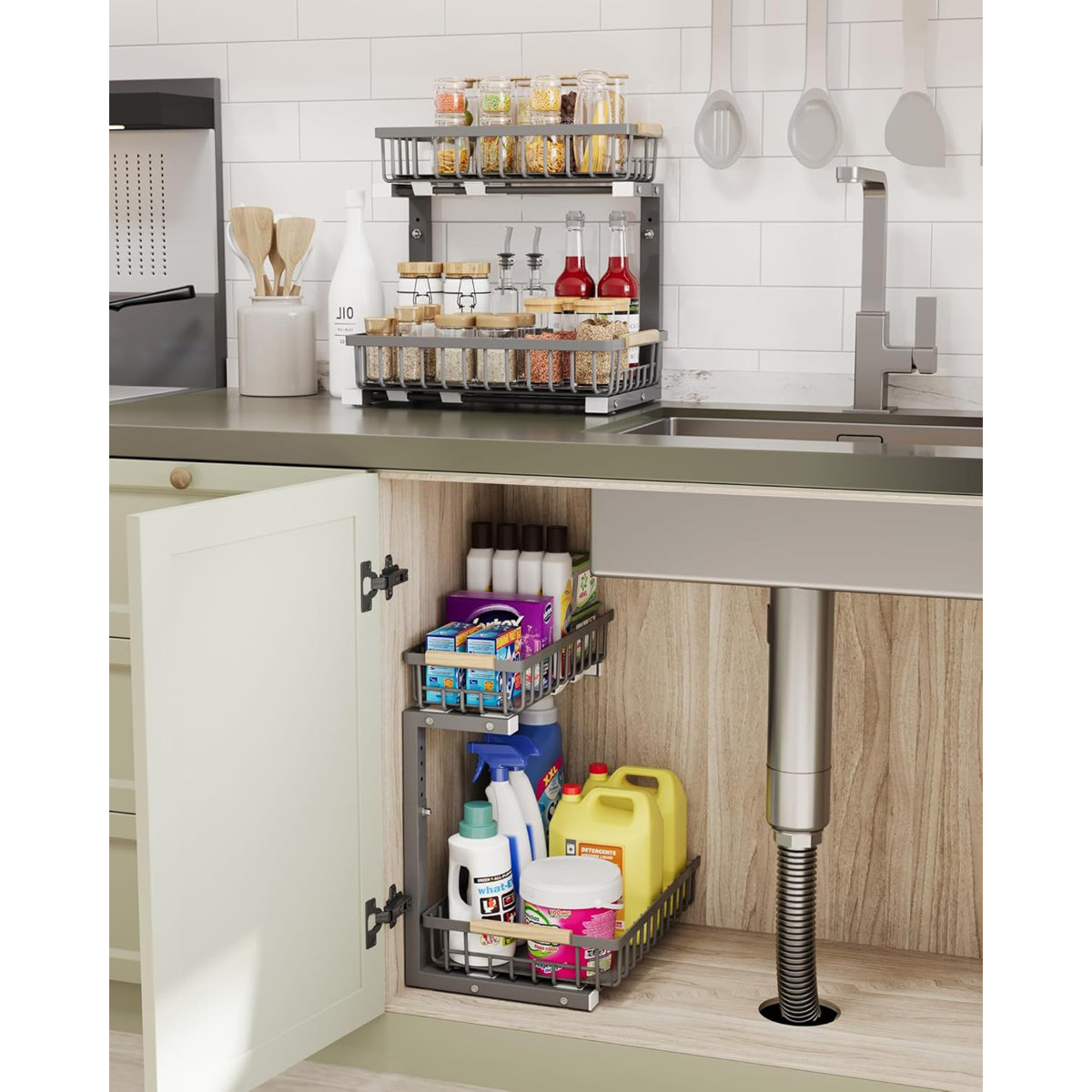 Under Sink Organizer, 2 Tier Under Sink Organizers And Storage Sliding 2 Tier Rack Metal Organization Under Counter Kitchen Bathroom